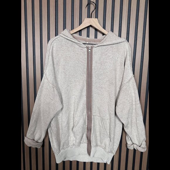 Free People Sweater Small Womens Beige Terry Fabric Hooded Roll Tab Zip Up - Picture 1 of 8